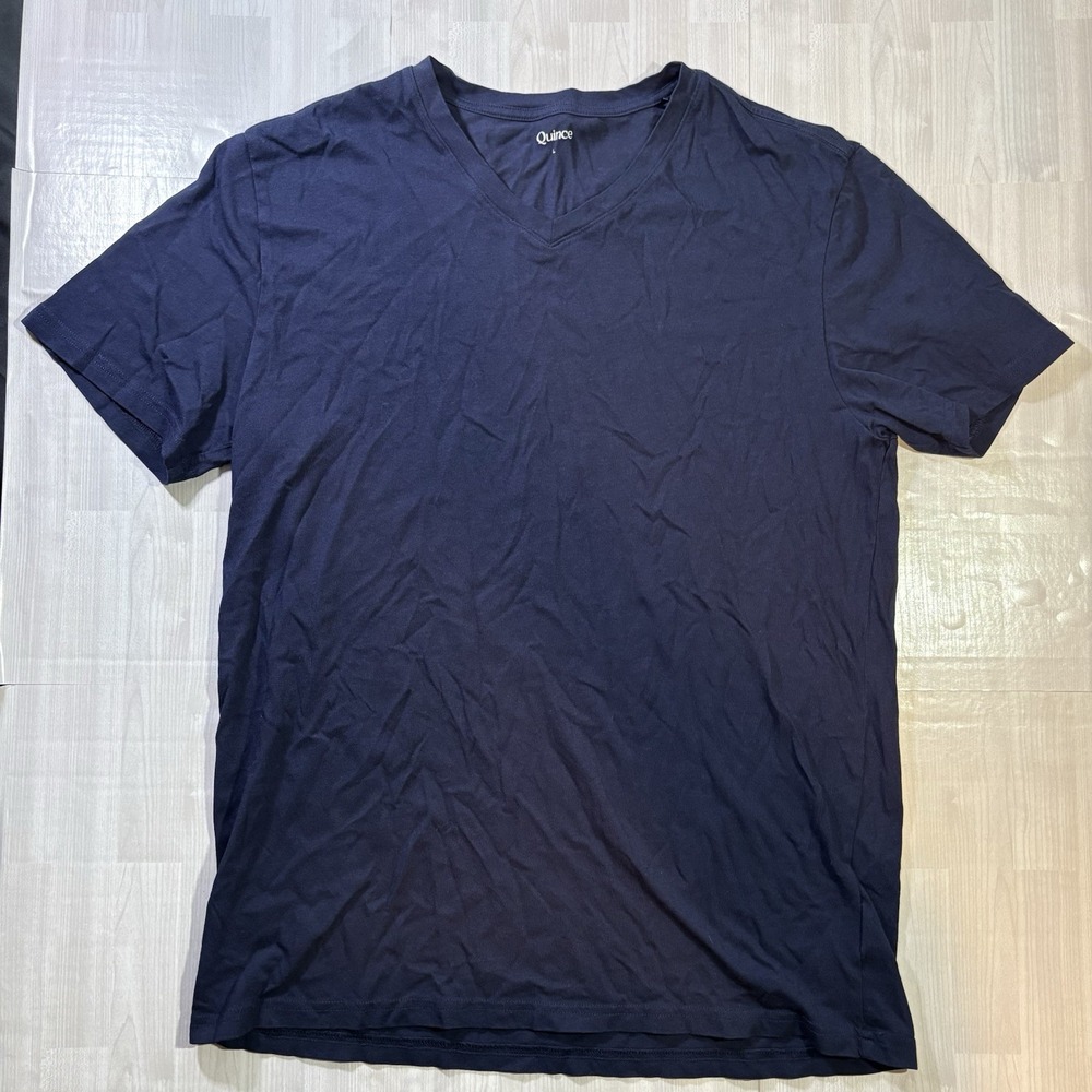 QUINCE Shirt Womens Large Navy Blue Cotton Modal V-Neck Short Sleeve Tee Top